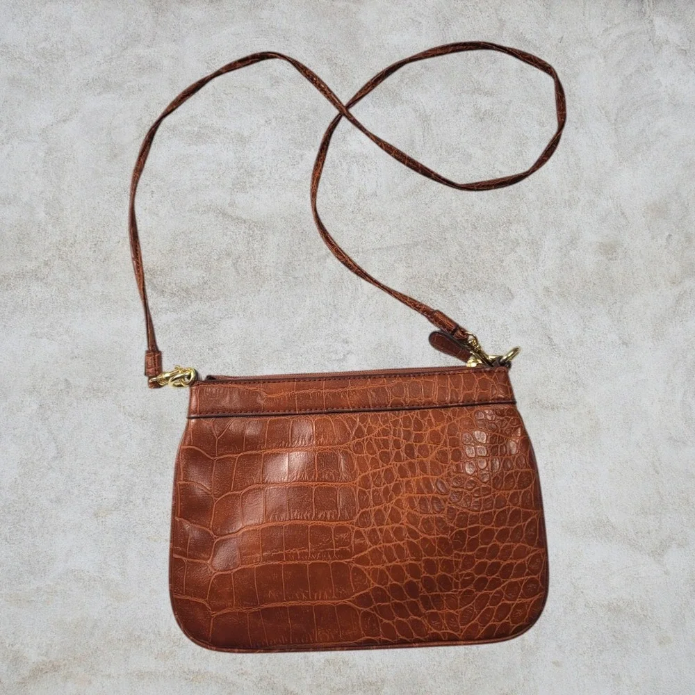 Anne Klein‎ Cognac Brown Crocodile Embossed Crossbody Bag Gold Hardware